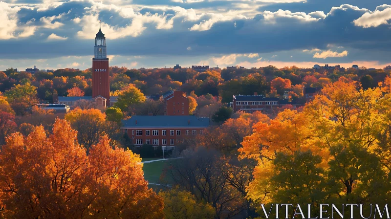 AI ART Townscape in Autumn with Tower and Scenic Clouds