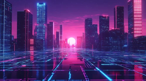 Cyberpunk Skyline with Setting Sun