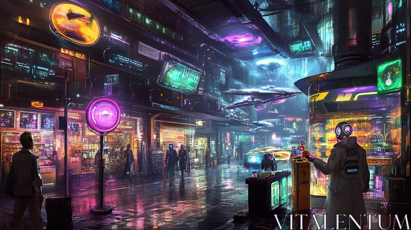 Rainy Night in a Futuristic Cyber City AI Image