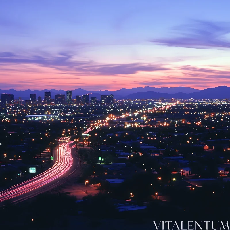 AI ART Urban Landscape at Dusk with Illuminated Roads