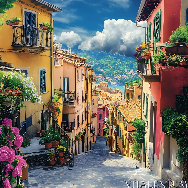 Scenic Italian Alley with Blooming Flowers AI Image