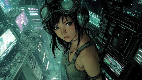 Goggled Woman in Cyberpunk Metropolis