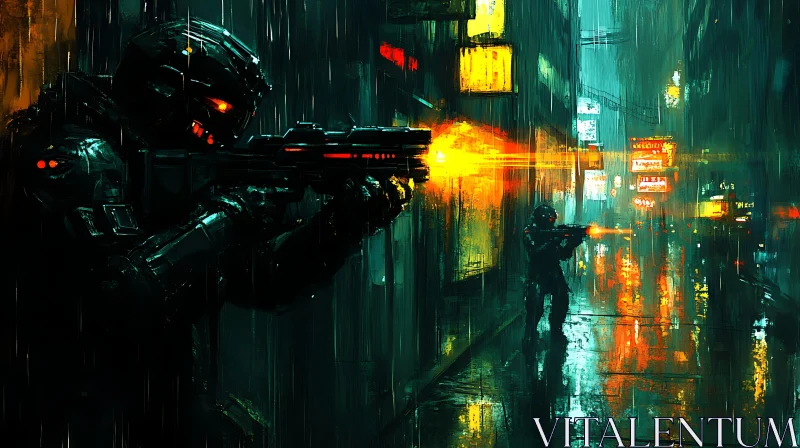 Armored Soldiers in Futuristic Neon Alley AI Image