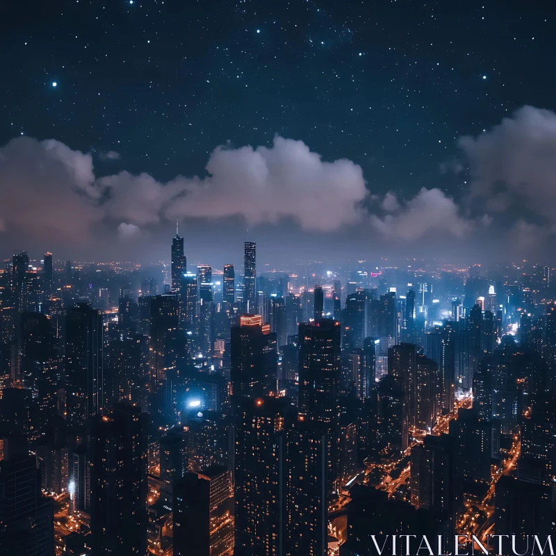 AI ART Nighttime Metropolis with Illuminated Skyscrapers