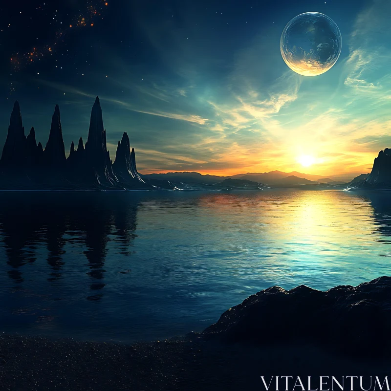 Surreal Sunset over Tranquil Lake with Planet and Mountains AI Image