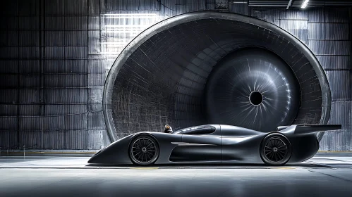 Aerodynamic Black Supercar Displayed in Wind Tunnel