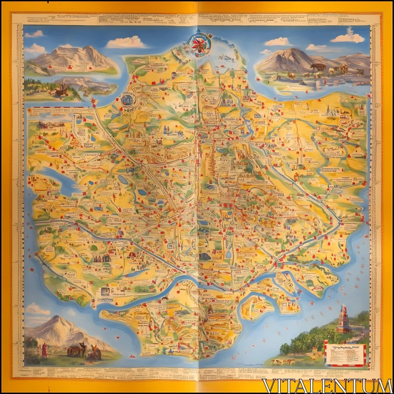 Colorful Vintage Cartography with Landmarks AI Image