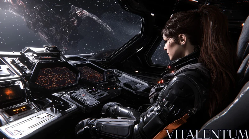 High-Tech Spaceship Cockpit with Female Pilot AI Image