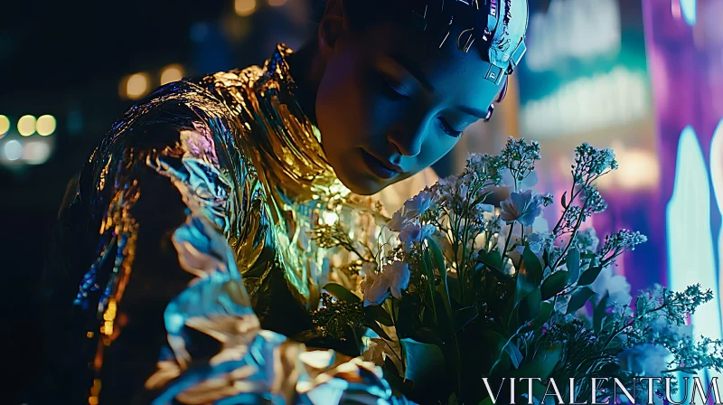 AI ART Cyborg with Flowers in Neon Glow