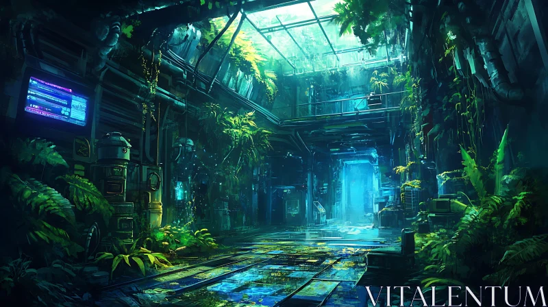 Overgrown Futuristic Greenhouse Interior AI Image