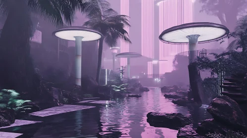 Futuristic Surreal Scene with Neon Lights and Mushrooms