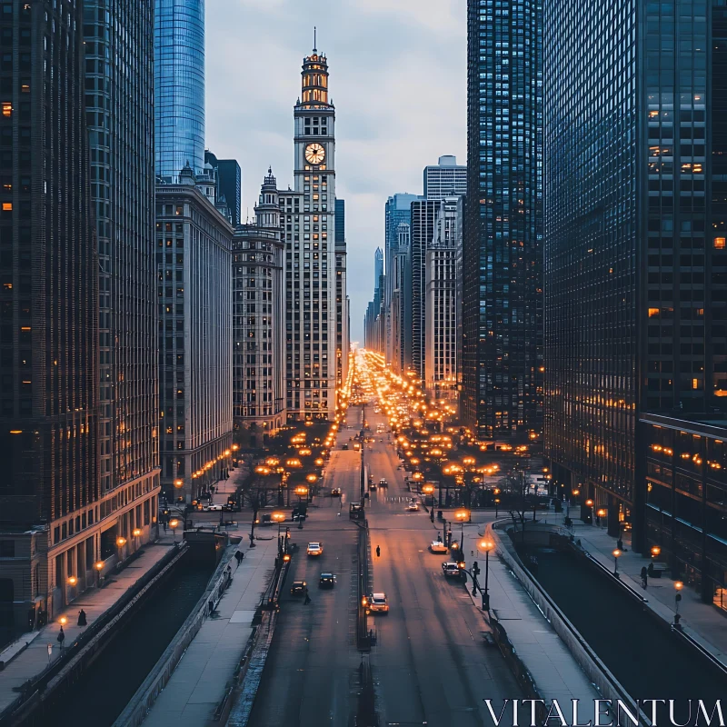 Urban Nightscape with Prominent Architecture AI Image