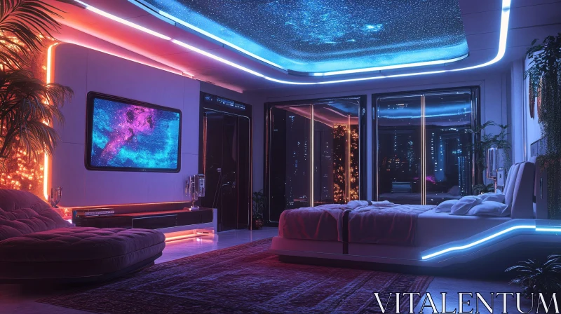 Modern Bedroom with Neon Accents and Cosmic Theme AI Image