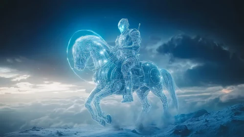 Cyber Knight Riding Glowing Holographic Horse