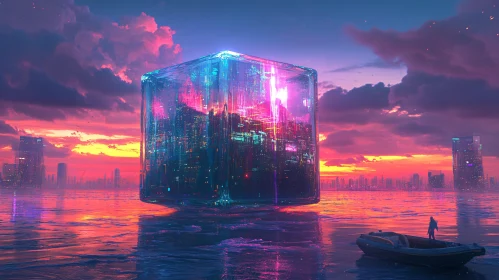 Illuminated Cube Above Reflective Water During Sunset in Futuristic City