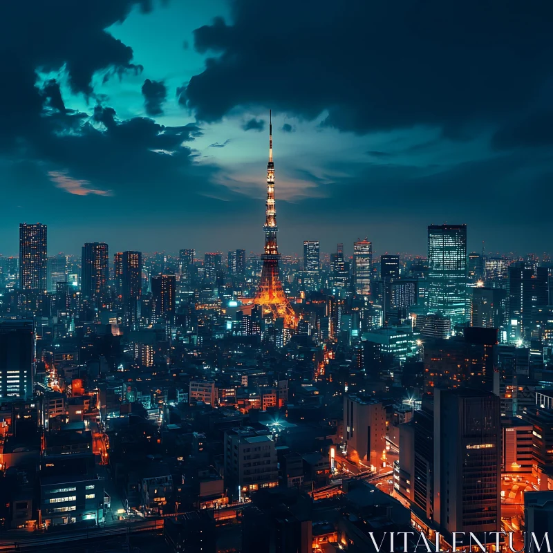 AI ART Nighttime Urban Skyline featuring a Gleaming Tower