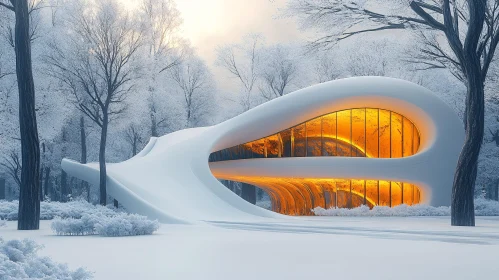 Modern Organic Building in Snow-Covered Woodland