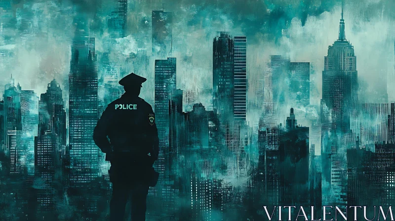 AI ART Police Officer Silhouette with Urban Skyline