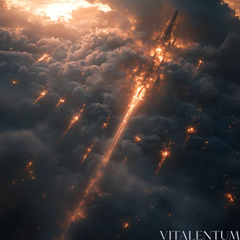 AI ART Spaceship Ascending Amidst Fiery Clouds