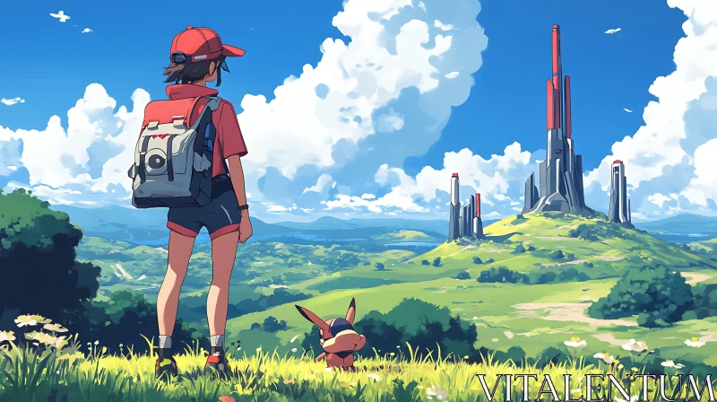 Anime Landscape with Backpacked Character and Towers AI Image