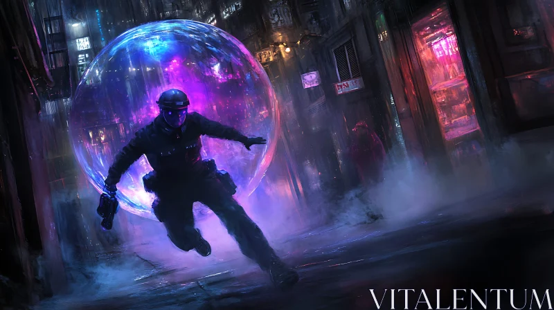 Cyberpunk Urban Alley with Tactical Figure and Light Sphere AI Image