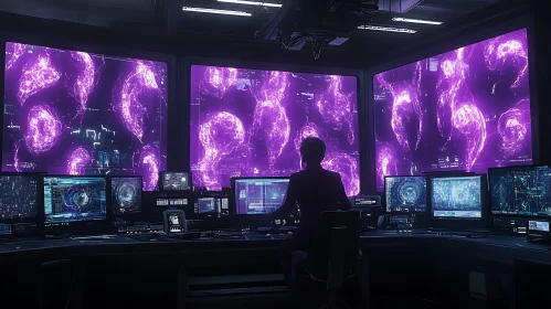 Futuristic Surveillance Station with Multiple Screens and Digital Interfaces