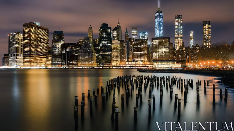 AI ART Illuminated City Skyline at Night with Reflections