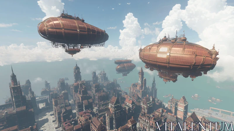 Fantastical Steampunk Airships Above Gothic Cityscape AI Image