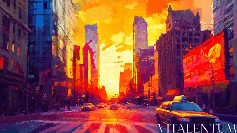 Urban Sunset with Skyscrapers and Taxi AI Image