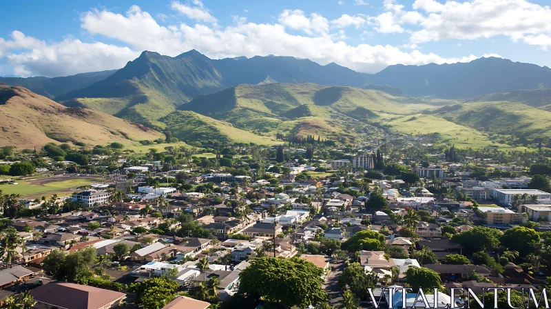 AI ART Scenic Valley Town with Majestic Mountain Backdrop