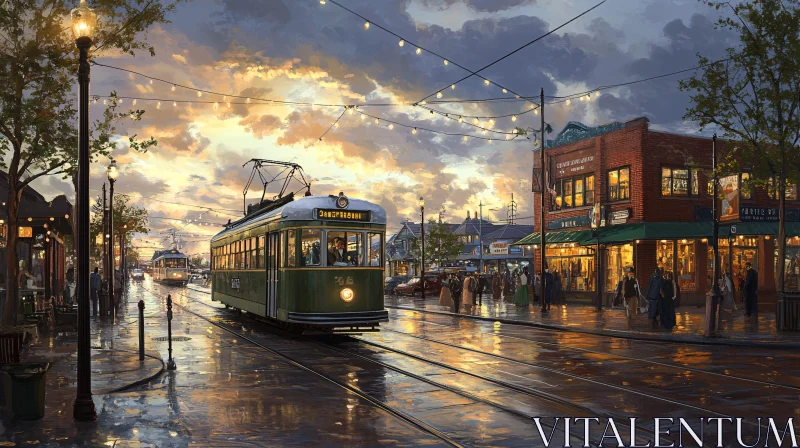 Nostalgic Twilight Townscape with Tram AI Image