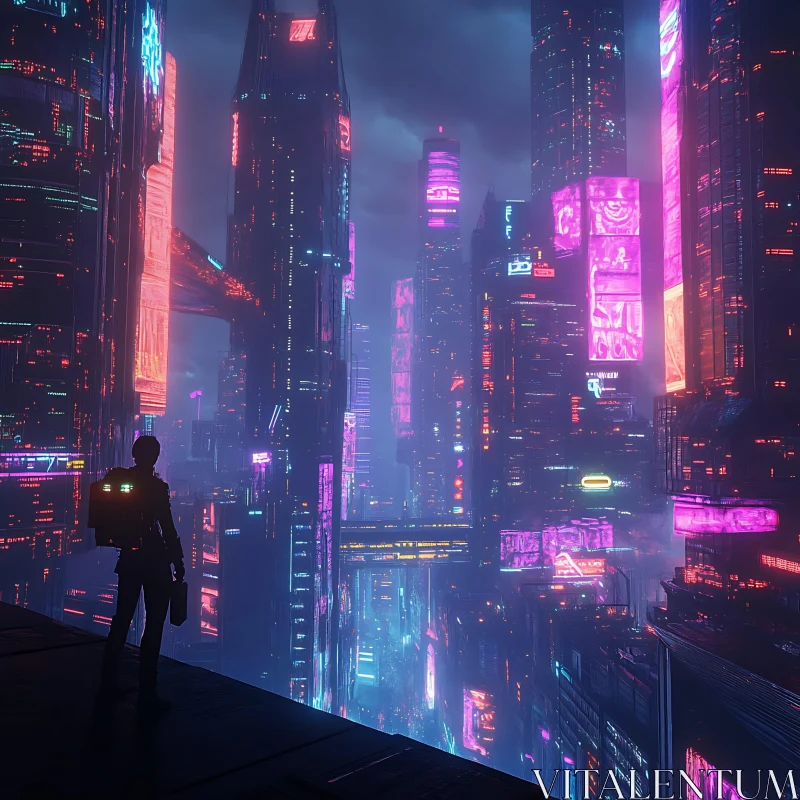 AI ART Silhouette Overlooking Neon-Lit Futuristic City