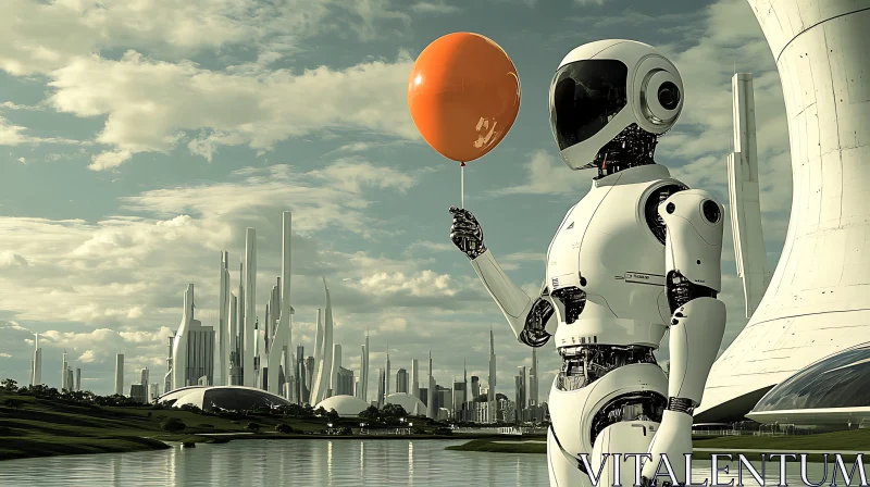 Robot with Balloon in Futuristic Landscape AI Image