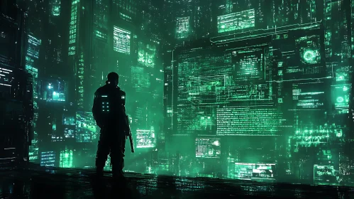 Futuristic Soldier Amidst Digital Data