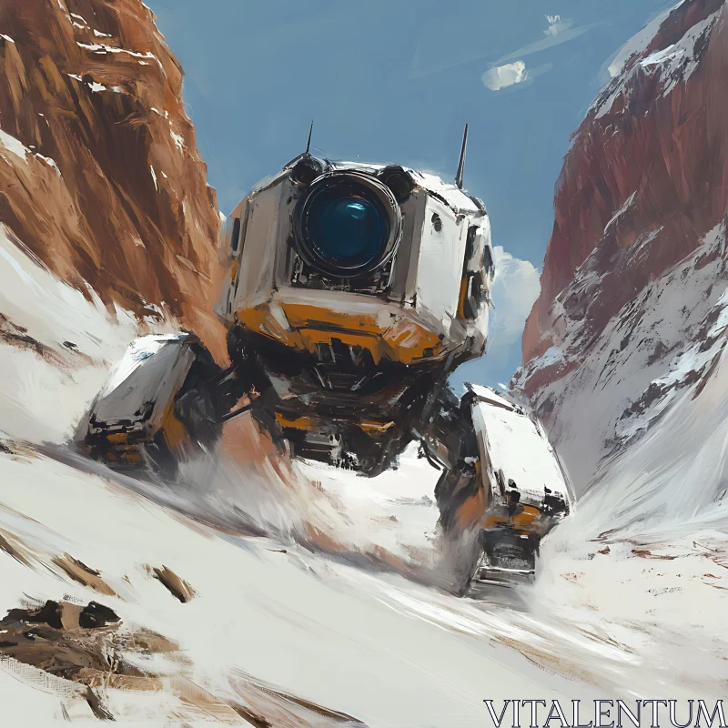 Mechanical Entity Traversing Snowy Landscape AI Image