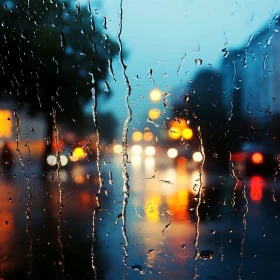 Rainy Night Street Scene with Water Droplets on Window