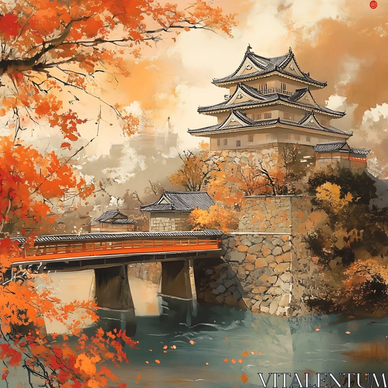 Traditional Japanese Castle Amidst Autumn Scenery AI Image