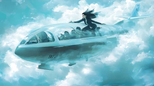 Surreal Woman on Plane in Clouds