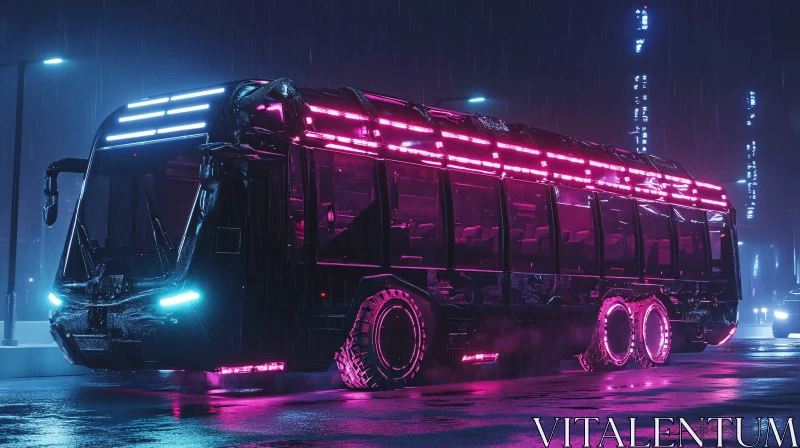 Cyberpunk Bus on Neon-Illuminated Street AI Image