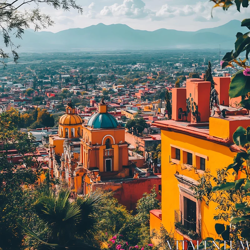 Vibrant City View with Mountains in the Background AI Image