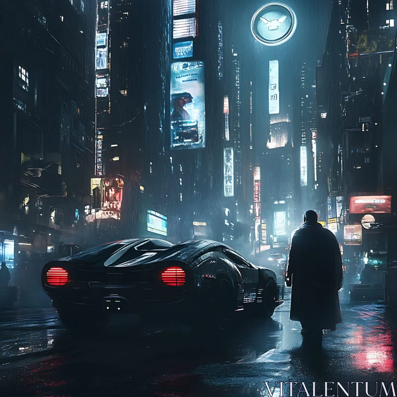 Cyberpunk Night Scene with Car and Figure AI Image