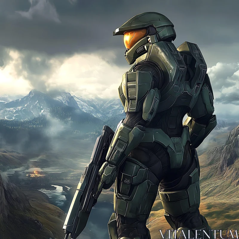Futuristic Armored Soldier in Mountainous Terrain