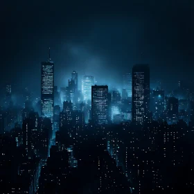 Urban Skyline at Night with Bright Lights