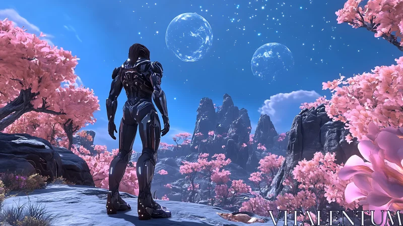 Cyborg in an Alien World with Pink Flora and Twin Moons