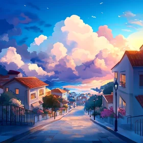 Sunset Over Quaint Coastal Village Street