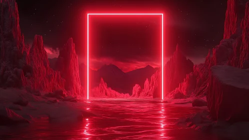Dreamlike Scene with Neon Portal and Mountains