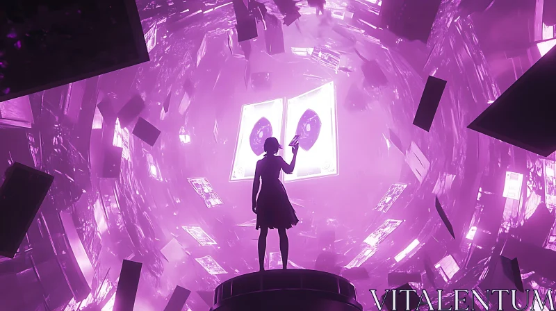 Purple Neon Fantasy Tunnel with Floating Shapes and Woman