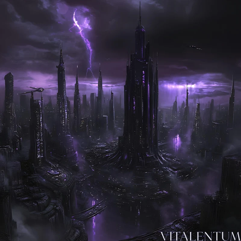Cyberpunk Metropolis under Stormy Sky with Lightning