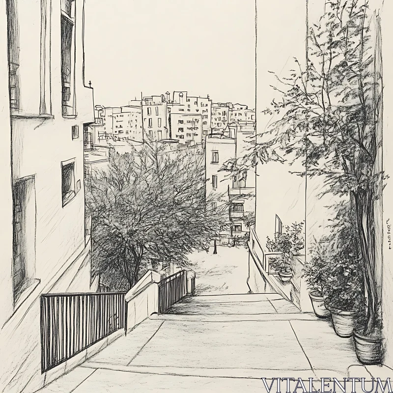 Detailed Urban Cityscape Sketch with Stairs View