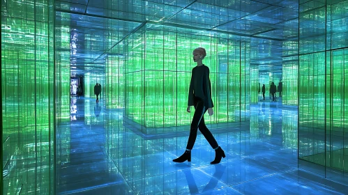 Surreal Reflective Architecture with Transparent Green Glow